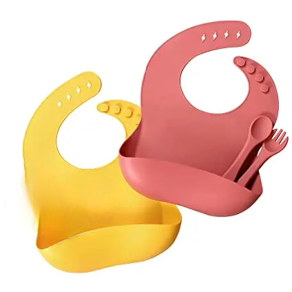 Lots de 2 Bavoirs en Silicone pour Bébé avec Fourchette et Cuillère