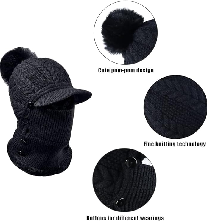 Bonnet 4 en 1 Cache nez Cache cou Casquette Cache oreille Cagoule Thermique Chaud Hiver Ski Sport extérieur  Femme