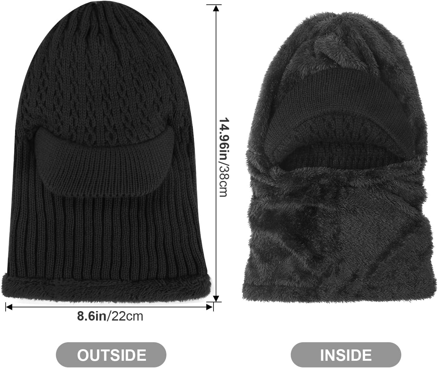 Bonnet Hiver Chaud Casquette Cache Nez Cache cou Cache Oreille tricoté épaisse avec doublure Thermique Noir Sport extérieur